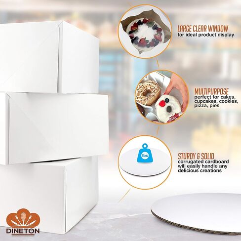 [10 Pack of Each] Cake Boxes 10 Inch Cake Boards Set – 10 Sturdy Cake Box 10 x 10 x 5 & 10 Inch Cake Boards - Window Cardboard Cake Boxes - Ten Round Cake Boards in Set (10x10x5) in Saudi Arabia