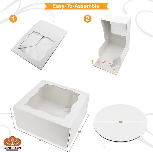 [10 Pack of Each] Cake Boxes 10 Inch Cake Boards Set – 10 Sturdy Cake Box 10 x 10 x 5 & 10 Inch Cake Boards - Window Cardboard Cake Boxes - Ten Round Cake Boards in Set (10x10x5) in Saudi Arabia