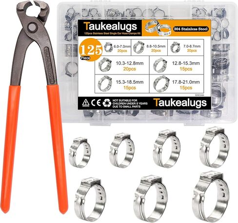 125PCS 7-21mm Single Ear Hose Clamps 304 Stainless Steel Wire Tube Pipe Fuel Line Clip Assortment kit with Ear Clamp Pincer in Kuwait