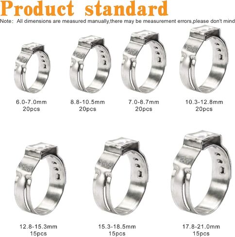 125PCS 7-21mm Single Ear Hose Clamps 304 Stainless Steel Wire Tube Pipe Fuel Line Clip Assortment kit with Ear Clamp Pincer in Kuwait