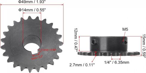 uxcell 23 Tooth Roller Sprocket B Type, #25 Chain, Single Strand 1/4" Pitch, 14mm Bore Black Oxide C45 Carbon Steel, Keyway with Set Screws for ISO 04C in Kuwait