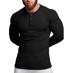 Men's Cotton Muscle Henley Shirts Slim Fit Casual Shirt Long Sleeve Stretch Workout Tee(Grey/L)