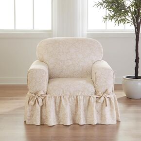 SureFit Essential Twill Ruffled Ottoman Slipcover, Ottoman Covers with Cotton-Printed Two-Piece Design and Ruffled Skirt, Machine Washable Ottoman Cover, Neutral Floral