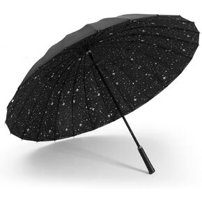 Meichoon Large Stick Star Umbrella 24Ribs Travel Golf Bumbershoot Leather Handle Strong Windproof Glassfiber Double-Sided Thickening Manual Bumbersoll Oversize Silver Starry Sky KS47