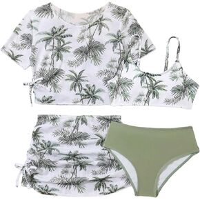 Milumia Girl's 4 Piece Swimsuit Tropical Spaghetti Strap Bikini Sets with Coverups
