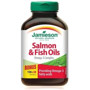Jamieson Salmon & Fish Oils Omega-3 Complex, Bonus Size 150+50 Softgels - Providing Omega-3 Fatty Acids