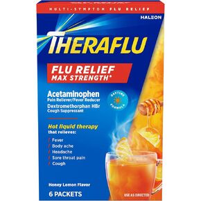 Theraflu Max Strength Daytime Flu Medicine for Flu Symptom Relief with Acetaminophen and Dextromethorphan HBr, Honey Lemon Flavored - 6 Powder Packets