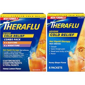 Theraflu Severe Cold Relief Hot Liquid Powder Combo: 12ct Daytime/Nighttime Honey Lemon Flavor + 6ct Daytime Honey Ginger Flavor
