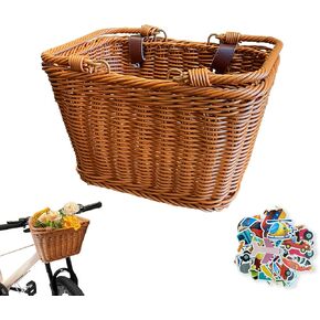 Kids Square Bike Basket, Rattan Bike Basket Front for Girls and Boys, Small Wicker Handlebar with Adjustable Leather Straps