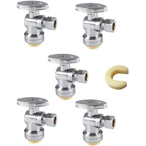(Pack of 2) EFIELD Push Fit 1/4 Turn Straight Stop Valve Water Shut Off 1/2 Push x 3/8 Inch Compression Chrome with a Disconnect Clip