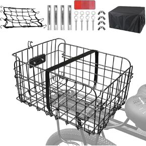Bike Basket Rear,Foldable Large Capacity Rear Bike Basket,Rear Bicycle Basket with Waterproof Cover & Cargo Net for Shopping,Outings,Pets Bike Accessories