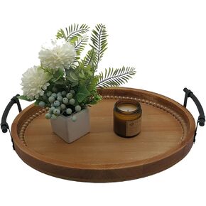 Oval Rustic Wooden Decorative Tray, Serving tray with Metal Handles, Ottoman Coffee table tray, Farmhouse Centerpiece for Kitchen or Living Room (Brown)