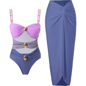 Women's One Piece Swimsuit with Cover up Set Beach Wrap Skirt Retro Bikini Set Two Piece Bathing Suit with Cover up