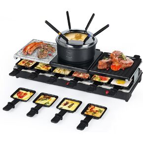Electric Table Grill - Indoor Non-stick Electric Round Grill Griddle - Reversible 3-in-1 Raclette Grill & Fondue Set for 8-Person, Flat Plate, Pancake Pan Included, Temperature Control, FD-08