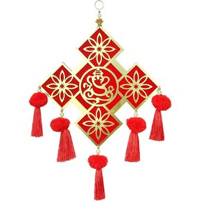Decorative Ganesha Hanging Door MDF Wooden Square Ganesh Bandanwar Door Hanging Toran for Indian Traditional Ganesha Decoration Handcrafted Valance Showpiece for Home Décor(Size:-14"X10")(Red,Golden)
