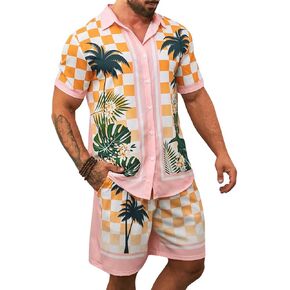 WDIRARA Men's 2 Piece Outfits Tropical Print Short Sleeve Button Down Hawaiian Shirt and Drawstring Beach Shorts Set