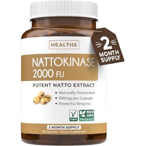 Healths Harmony Nattokinase 2000 FU (Non-GMO) Powerful Nattokinase Supplement Made from Naturally Fermented Soybeans - (2 Month Supply) 60 Vegan Natto Capsules