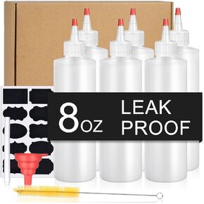 Squeeze Bottles, 8 OZ Plastic Sauce Squeeze Bottle Set with Labels & Silicone Funnels for Liquids and Paint, Reusable, Translucent-6 Pack