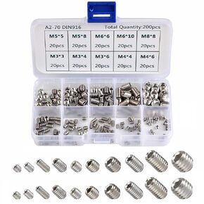 200pcs Set Screw Assortment Kit, M3 M4 M5 M6 M8 Hex Socket Grub Screw Replacement, 304 Stainless Steel Metric Small Screw for Door Handles, Bathroom Fixtures