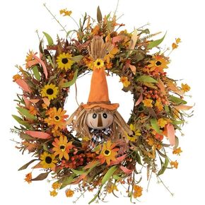 J'FLORU 22 "إكليل الخريف مع أكاليل الخريف الاصطناعية الفزاعة للباب الأمامي إكليل الخريف مع الإقحوانات البرتقالية والزهور البرية وأوراق الشجر الخريفية لمهرجان الحصاد والاحتفال بيوم الشكر in Kuwait
