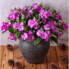 Artificial Fake Fall Flowers Plants Outdoor,3 PCS 7 Branches Artificial Impatiens Flowers for Outside,Faux Impatiens Bouquet Silk Greenery Plants for Balcony Garden Window Box Home Decor