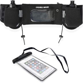 Running Hydration Waist Belt with 2 No Bounce Water Bottles and Cellphone Storage Pockets for Hiking, Running and Cycling Complete with Secure Plastic Lanyard
