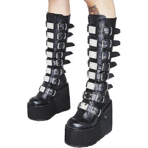 HINDOLA Womens Platform Punk Goth Mid Calf Boots Rivets Metal Decoration Back-Zip Knee High Motorcycle Booties Combat Boots