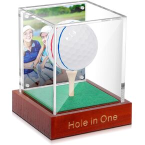 Wenqik Golf Ball Display Case with Wood Base and Tee Golf Hole in One Display Case Clear Golf Ball Display Golf Ball Holder Stand Acrylic Transparent Storage Box for Single Ball Dust UV Protection