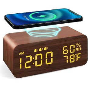 Multi Functional Creative Wooden Clock, LED Wooden Charging Alarm Clock,12/24H Time Display,Temperature Display, Dual Alarms for Home/Office/Bedroom（Brown）