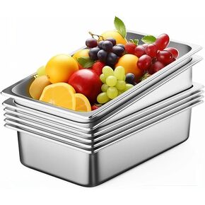 6 Pack Stainless Steel Buffet Containers Third Size, Steam Table Pan With Lid, Restaurant and Commercial Pans, Hotel Pan 4"" Deep Anti-Jam, Chafing Steam Table Catering Storage Metal Food Pan