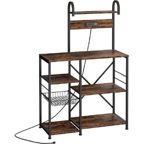Shintenchi Bakers Rack with Power Outlet, Kitchen Organizer and Storage with 6 Hooks, Microwave Oven Stand, Kitchen Shelf for Spice, Coffee Station, Coffee Bar Table (Vintage Brown)