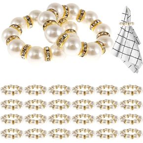 24Pcs Pearl Napkin Rings, Elegant Pearl Beaded Napkin Holder 4cm Stretched Rhinestone Serviette Rings Decorative Beaded Napkins Rings for Wedding Home Birthday Thanksgiving Table Dinner Party Supplies