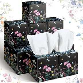 Bencailor 12 Pack Flower Facial Tissues Cube Boxes Floral Square Tissue Box 600 Sheets 3-ply Face Tissues Case Soft Wildflower Tissue Paper Bulk for Car Pocket Bedroom Travel Kitchen