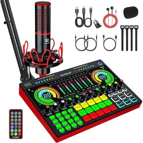 Podcast Equipment Bundle, Audio Interface with DJ Mixer, All-in-one Production Studio With Sound Board and 48V XLR Condenser Microphone,For Phone PC Live Streaming Podcasting Recording YouTube