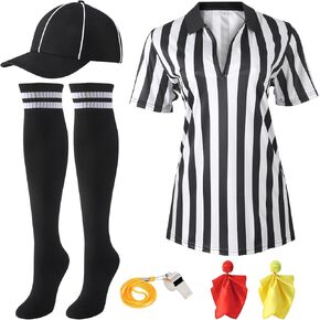 Women Referee Costume, Stripe Jersey, Hat, Whistle, Sock, 2 Penalty Flags for Halloween Cosplay Carnival Sports