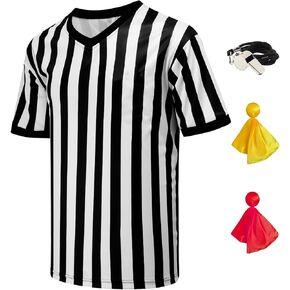 VKT 4Pcs Referee Shirt Men V-Neck Official Ref Jersey Kit for Basketball Football Soccer Halloween Costume Flag Whistle