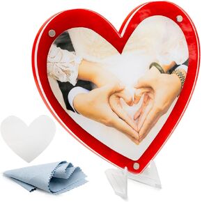 Acrylic Picture Frame Heart Shape। Clear Picture Frame Wooden Base Standing Double Sided Magnetic Acrylic Lucite Frameless Transparent । Love Gift for Desktop Display (Red Heart/Double Frame + Acrylic Base)
