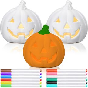 Glooglitter 15 Pcs Halloween Paint Your Own Pumpkin Lantern Set 3 Unpainted Halloween Pumpkin Lights DIY Light up Pumpkin with 12 Color Acrylic Paint Markers for Adults Party Favor(Warm Light)