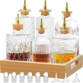SuproBarware Bitters Bottle for Cocktail Set of 6 Glass Bottle with Display Tray Vantage Decorative Bottles Perfect for Bartender, Home Bar, Cocktail