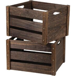 Wooden Crates, Farmhouse Wooden Crates for Storage, Rustic Handmade Wood Crate with Handles, Durable Wooden Crates for Display, Large Wooden Crate Box, Wooden Crates for Decor, 2 Pack, Brown