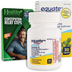 Equate Senna-S Natural Vegetable Laxative and Stool Softener - Docusate Sodium 50 mg Sennosides 8.6 mg - 30 Tablets and Vital Volumes Constipation Tips Card - Bundle