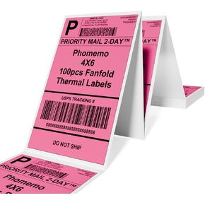 Phomemo 4"x6" Direct Thermal Shipping Label, Pack of 100 4x6 Thermal Labels Fanfold - for Shipping Labels,Mailing,Address, Product Logo, Barcode Labels,Strong Adhesive (Rose)