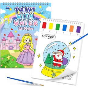 Paint with Water Coloring Books for Toddlers, 20 Animals Mess Free Watercolor Painting Papers for Kids Travel Coloring Kit with 2 Brushes Art Craft Birthday Gift for Ages 3-8