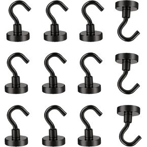 UCINNOVATE Black Magnetic Hooks, 24Lbs Heavy Duty Neodymium Magnets with Hooks for Refrigerator, 12 Pack Strong Cruise Hooks for Hanging, Magnetic Hanger for Grill, Toolbox, Storage