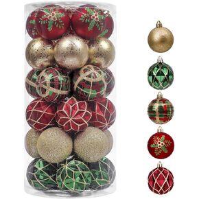 Valery Madelyn Christmas Ornaments Set, 30ct Red Green and Gold Shatterproof Christmas Tree Decorations Ball Ornaments Bulk, 2.36 Inches Traditional Country Hanging Ornaments for Xmas Trees Decor