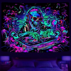 Uspring Blacklight Skull Tapestry Trippy Skeleton Tapestries Funny Music Wall Tapestry Hip Hop Tapestry Wall Hanging UV Reactive Hippie Wall Art, Black Light Party Decor (51.2 x 59.1 inches)