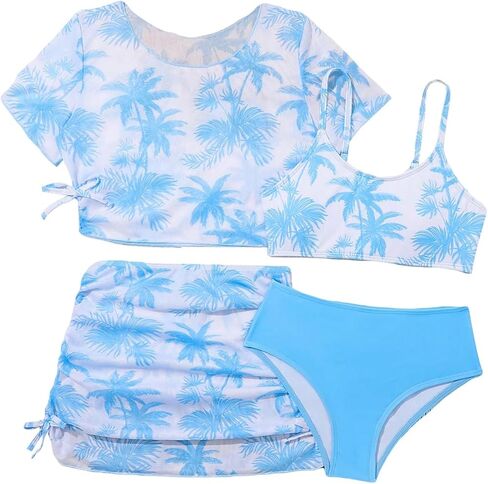 Milumia Girl's 4 Piece Swimsuit Tropical Spaghetti Strap Bikini Sets with Coverups in Saudi Arabia