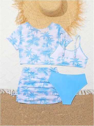 Milumia Girl's 4 Piece Swimsuit Tropical Spaghetti Strap Bikini Sets with Coverups in Saudi Arabia