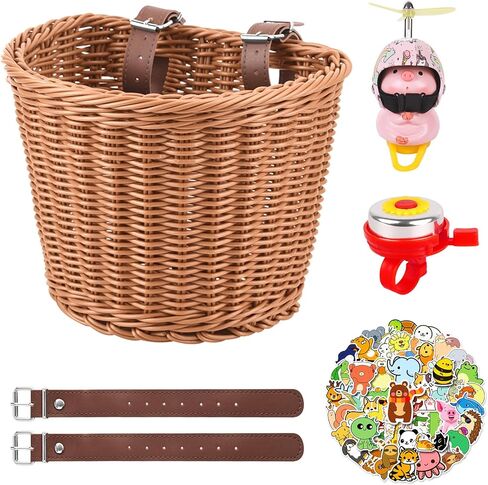 سلة دراجة للأطفال، سلال دراجة للأولاد والبنات، سلة دراجة مقود مع جرس دراجة لإكسسوارات الدراجة للفتيات، سلة دراجة أمامية لدراجة الأطفال أو السكوتر (بني) in Saudi Arabia