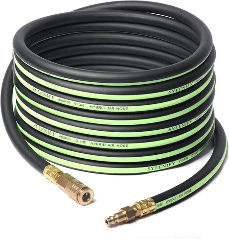 SYEENIFY Air Hose 3/8 inch Heavy Duty, Lightweight, Kink Resistant, Hybrid Air Compressor Hose All-Weather Flexibility with 1/4" Industrial High Flow Quick Brass Coupler and Plug (100FT) in Kuwait